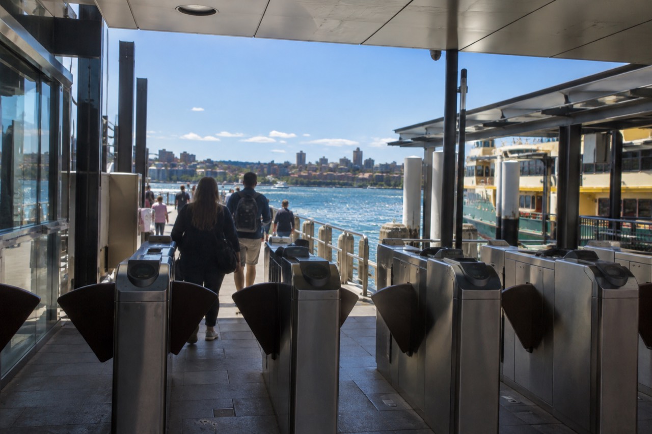 Ferry wharf ticket gates at Circular Quay on a bright morning