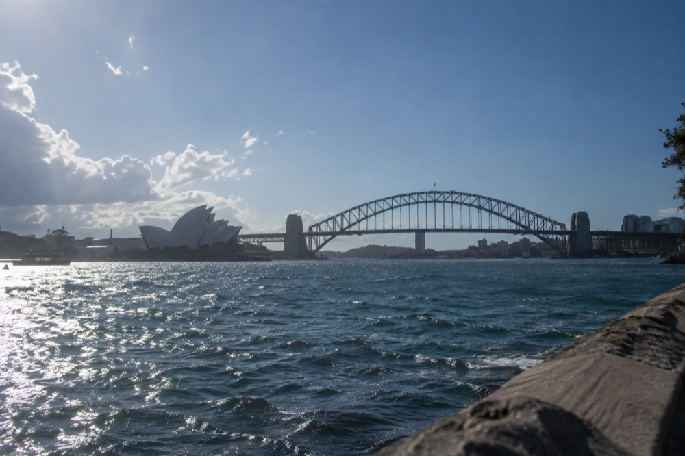 Sydney Harbour foreshore with the Opera House and Harbour Bridge in the background on a clear day