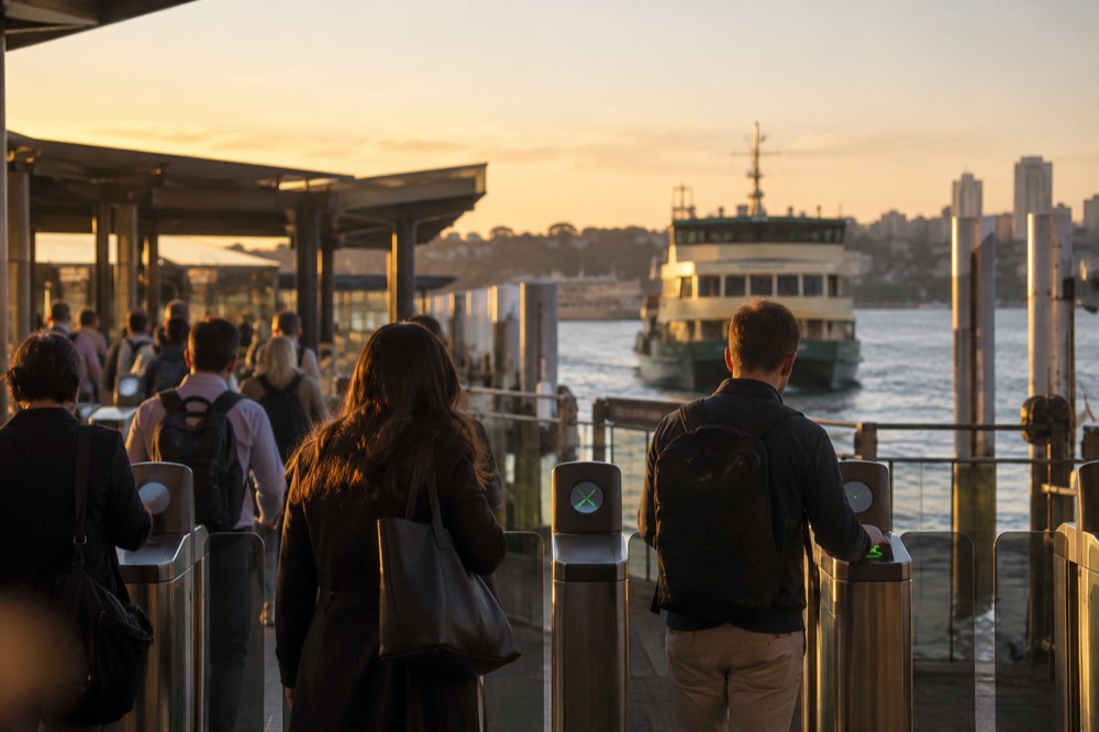 Commuters tapping contactless cards at the gates of a Sydney train station