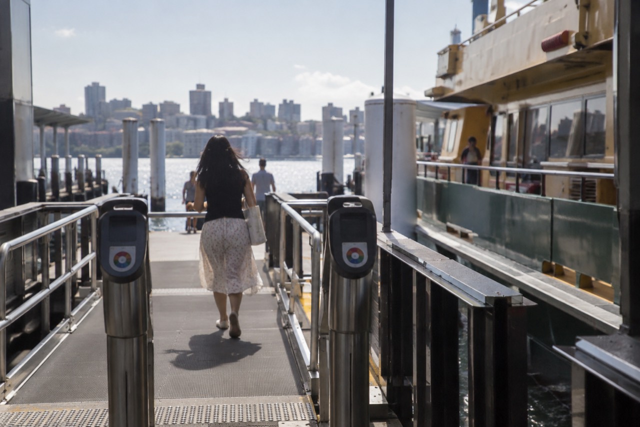Ferry wharf card readers at a Sydney harbour pontoon on a bright morning