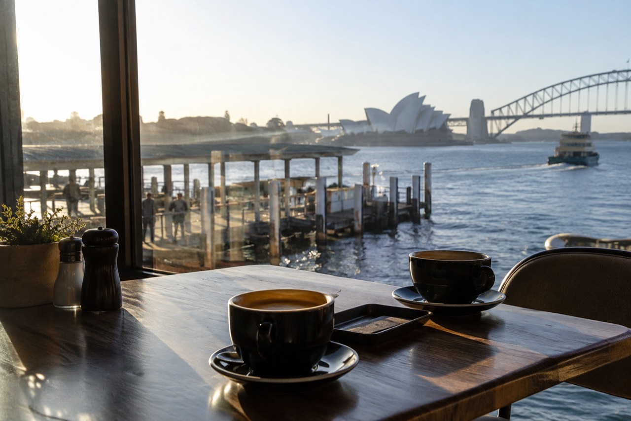 A restaurant table by a window with coffee cups and a small bill tray