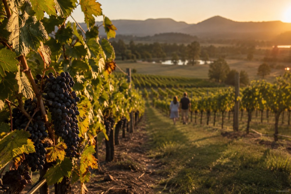 Sunlight over rows of grapevines stretching toward distant hills