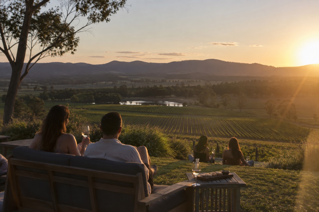 Vineyard rows rolling across a rural valley with low hills on the horizon