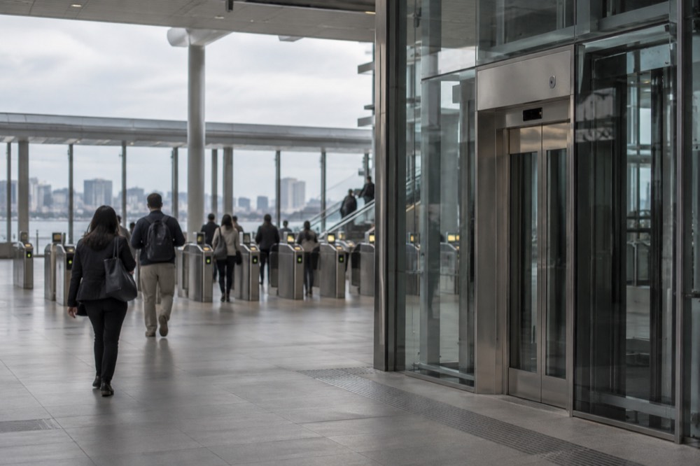 A wide station concourse with lifts and ticket gates at a Sydney railway station