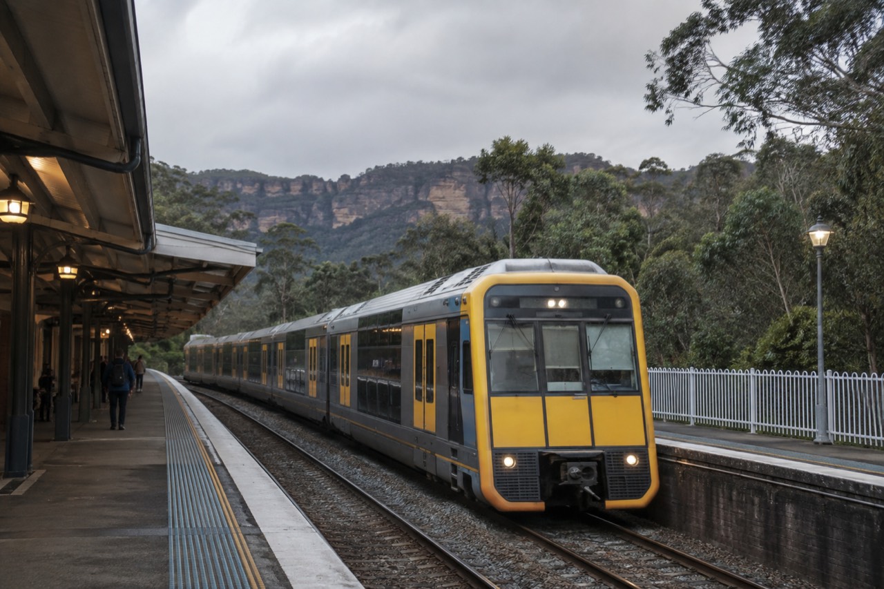 A country train at a Blue Mountains station with eucalyptus forest and sandstone cliffs behind the platform