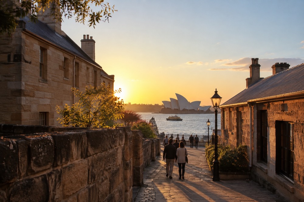 Visitors walking along a sandstone laneway in The Rocks with heritage buildings on both sides