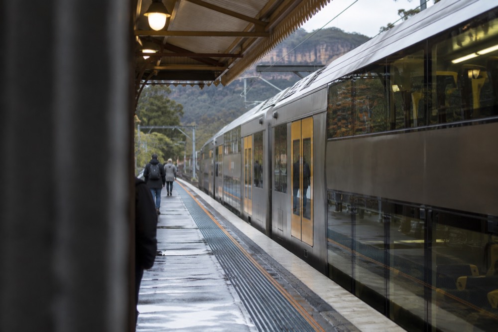 A double-decker train at a Blue Mountains station platform