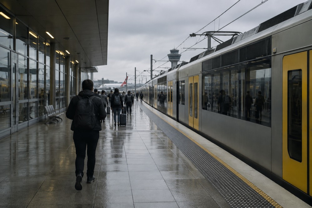 An airport train platform with a commuter service waiting beside the terminal