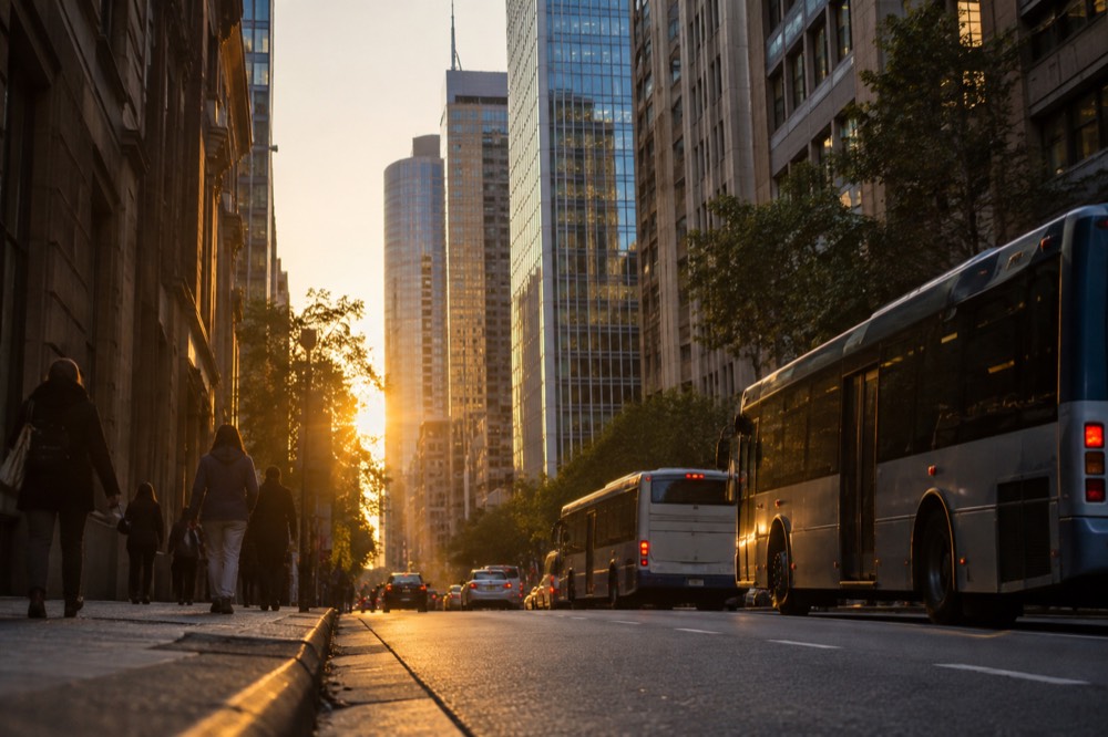 A city street in the Sydney CBD with buses and pedestrians in the evening
