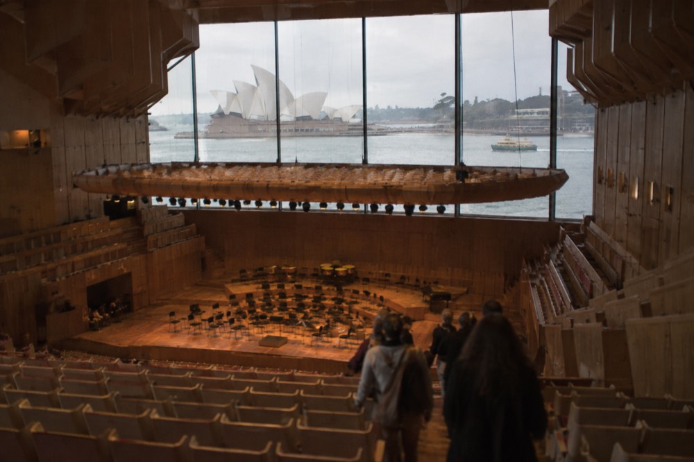 The Sydney Opera House concert hall interior seen from the upper seating during a guided tour