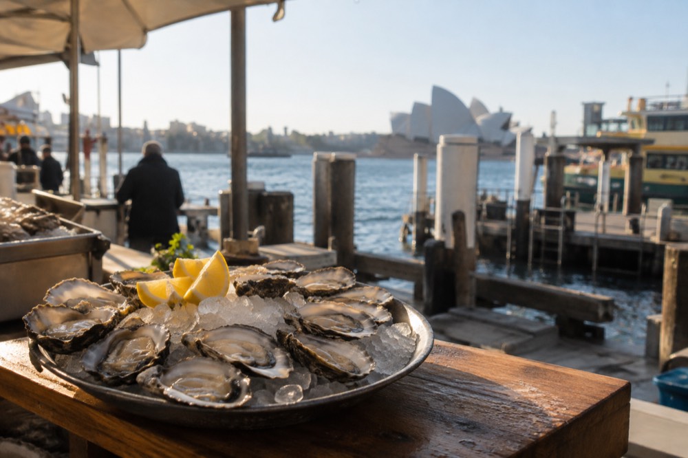 A plate of fresh oysters on a wooden counter at a seafood market