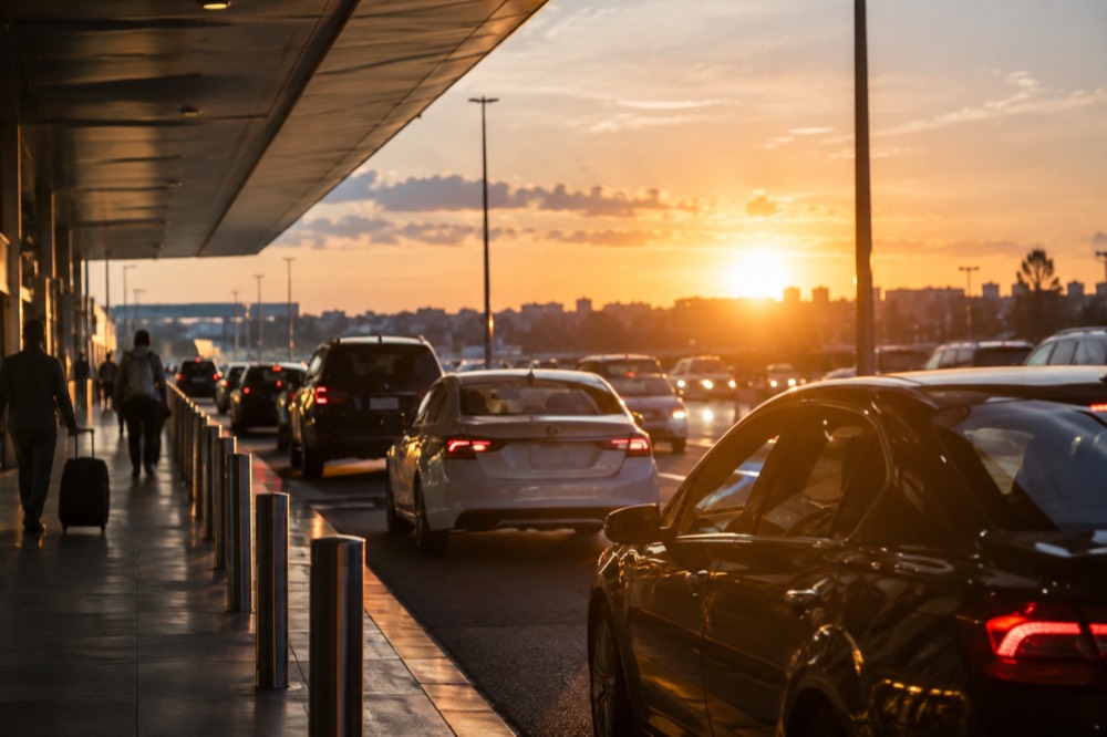 A rideshare pickup zone outside a Sydney Airport terminal at dusk with taxis and cars waiting