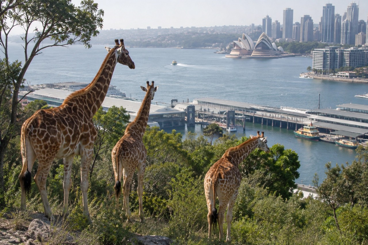Giraffes standing on a hillside with Sydney Harbour and city skyline behind them