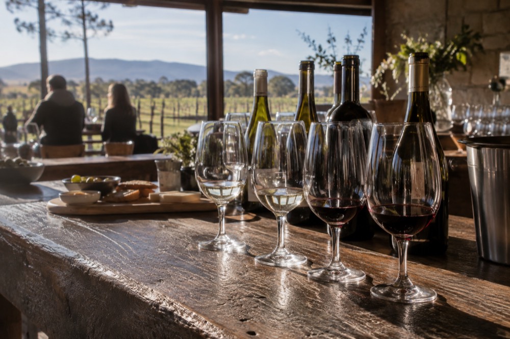 A cellar door tasting counter with wine glasses lined up beside open bottles