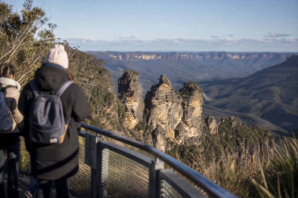 The Three Sisters rock formation viewed across the Jamison Valley from Echo Point