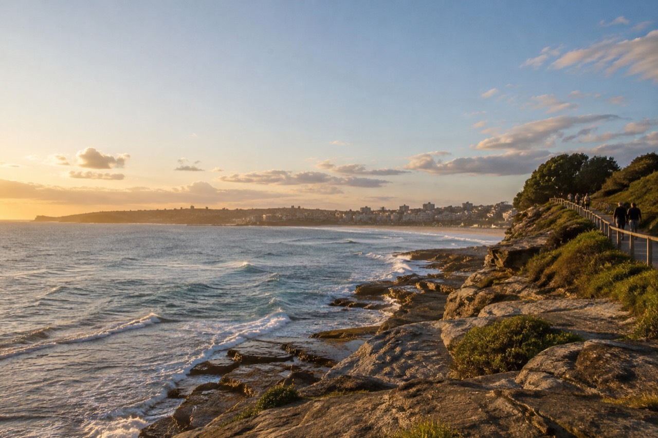 Sandstone cliffs above the ocean along the coastal path between Bondi and Coogee