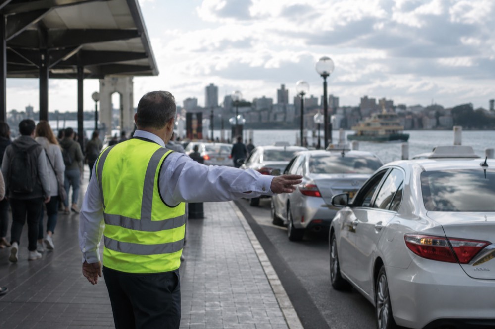 A taxi rank supervisor directing arriving passengers toward waiting taxis at a terminal kerb
