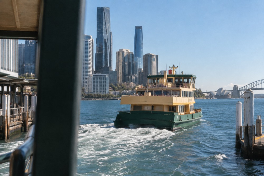 A ferry departing Circular Quay wharves with the Sydney skyline behind it