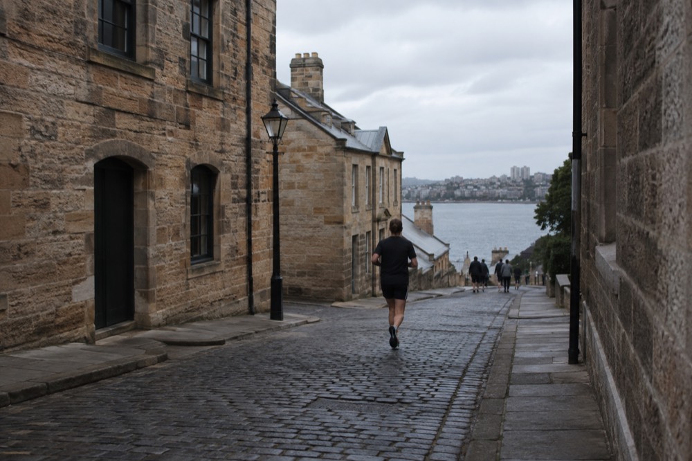 Sandstone buildings and cobbled lane in The Rocks at street level