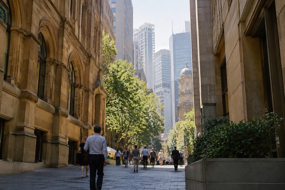 A pedestrian street in the Sydney CBD with sandstone buildings on both sides