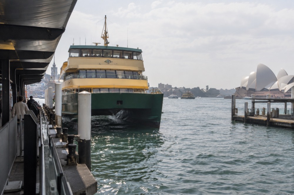 A ferry wharf at Circular Quay with a zoo-bound vessel at its berth