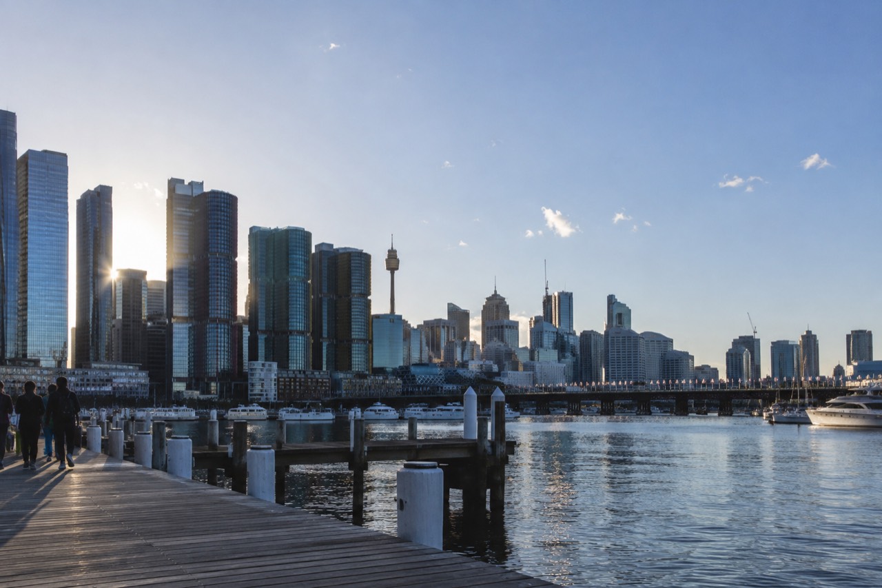 View over Darling Harbour towards the Sydney city skyline on a clear afternoon