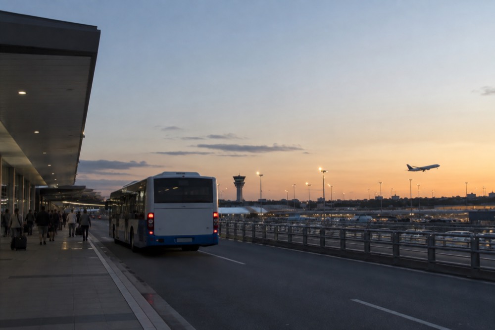 A public bus pulling away from a bus stop near an airport terminal entrance