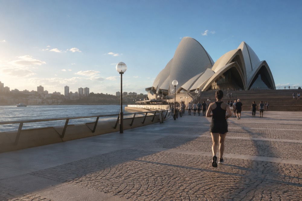 The Sydney Opera House forecourt and monumental steps on a clear afternoon