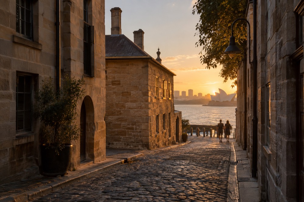 Sandstone heritage buildings and a cobblestone lane in The Rocks at dusk