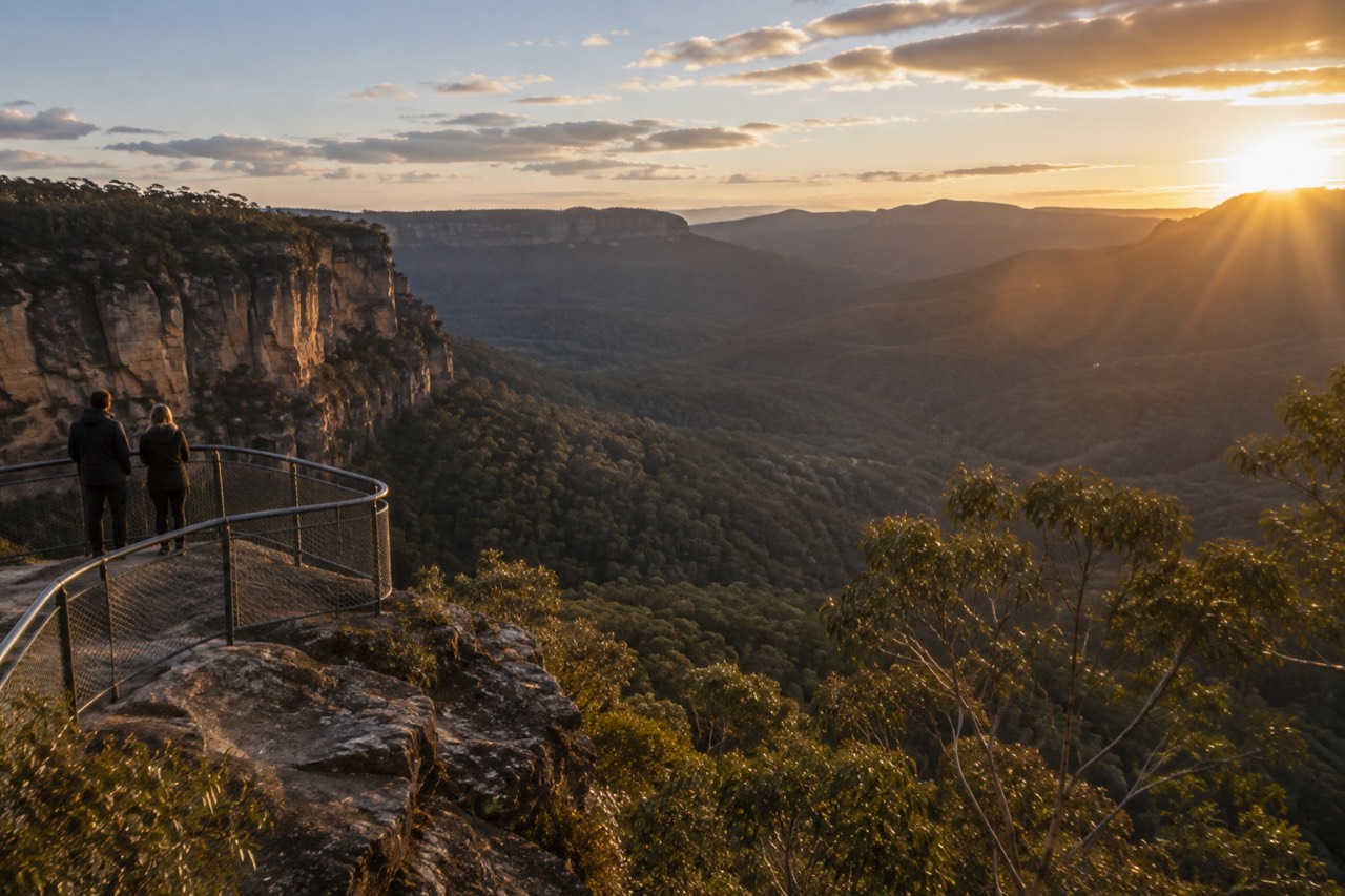 Sandstone cliffs and eucalyptus forest in the Blue Mountains seen from a lookout at golden hour