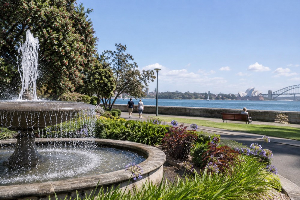 Fountain and gardens beside the Royal Botanic Garden path with harbour water beyond