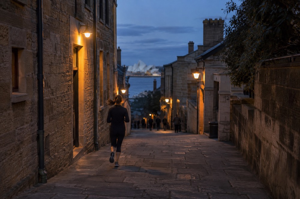 Sandstone alleyway in The Rocks lit by warm lamps in the early evening