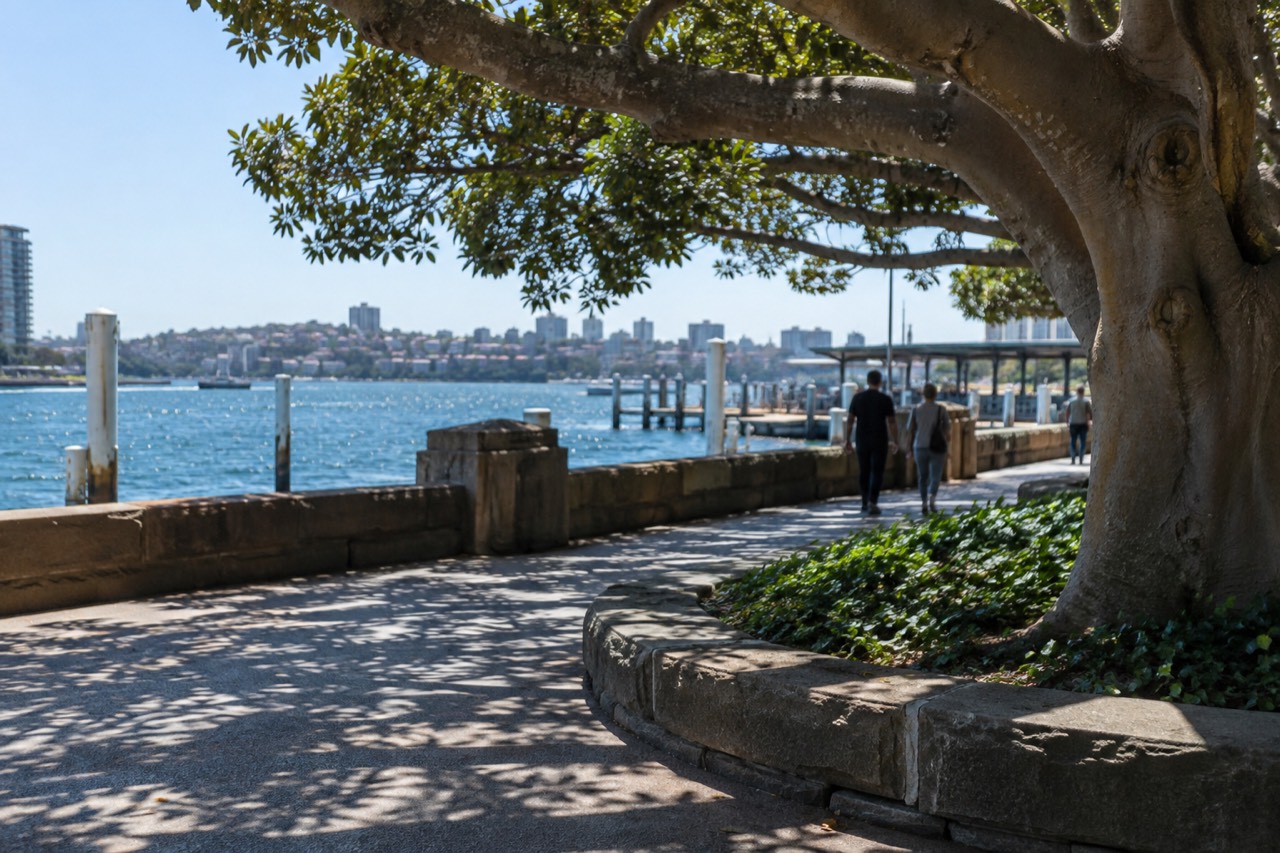 A quiet harbourside path with mature fig trees and water glimpses between sandstone ledges