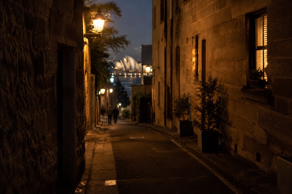 A narrow laneway in The Rocks at night, lit by old street lamps