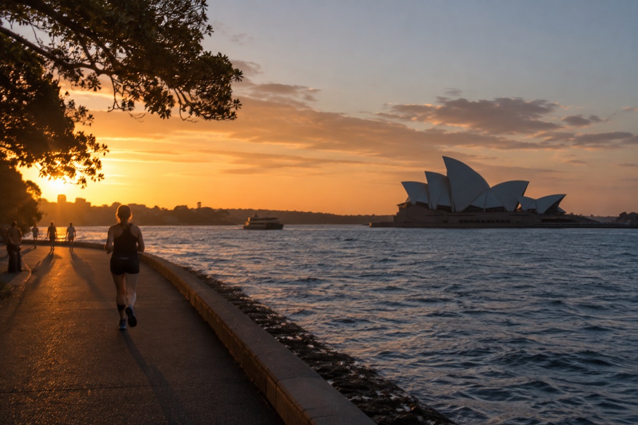 Sydney Harbour at dusk with the Opera House sails silhouetted against an evening sky