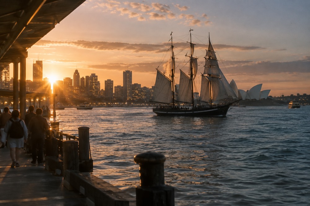A wooden tall ship under sail on Sydney Harbour at dusk with city lights reflecting on the water