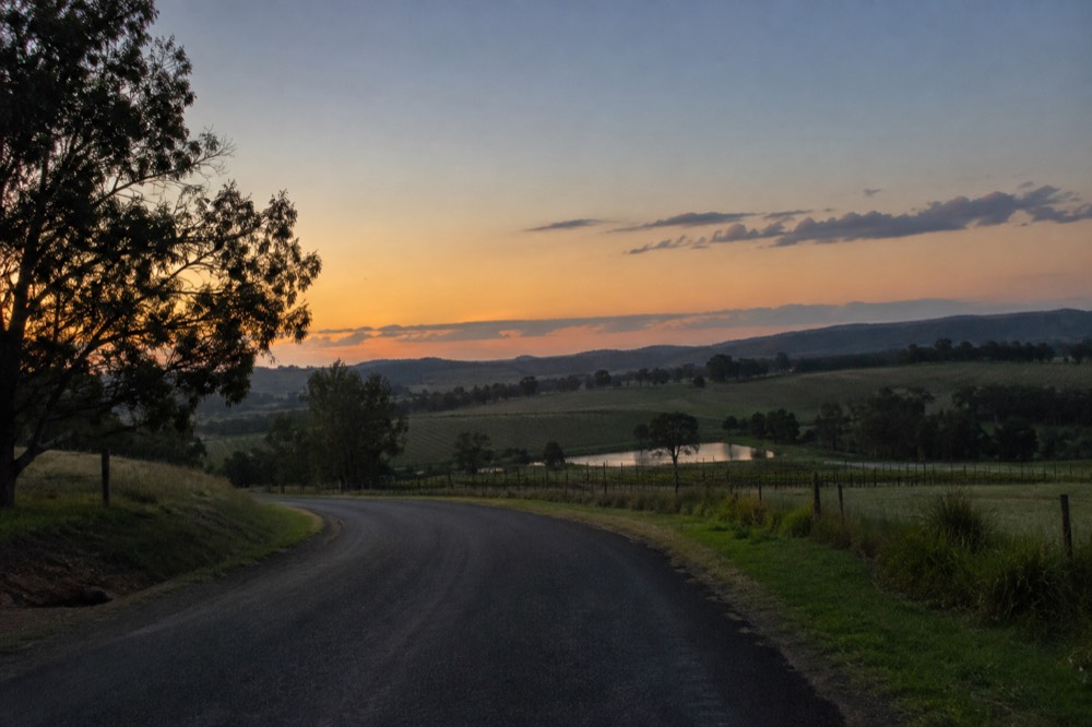 A country road winding through green hills toward distant vineyards under a wide blue sky