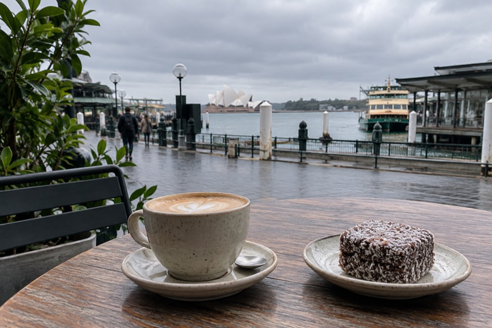 Flat white coffee and a lamington on a cafe table in a sunlit Sydney laneway