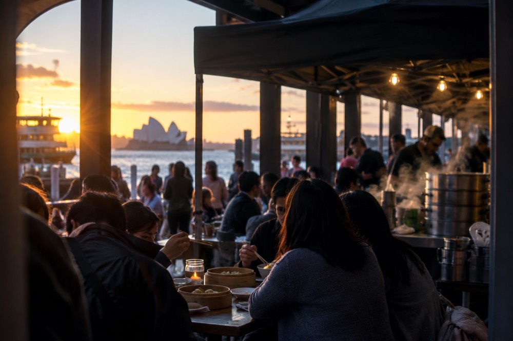 Diners sharing dumplings at a busy night-time food stall in a Sydney market