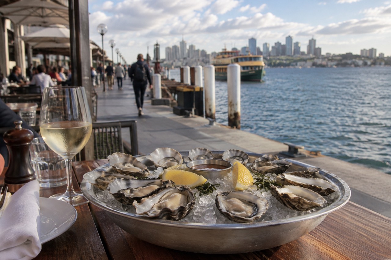 Fresh Sydney rock oysters on ice beside a harbour waterfront dining table