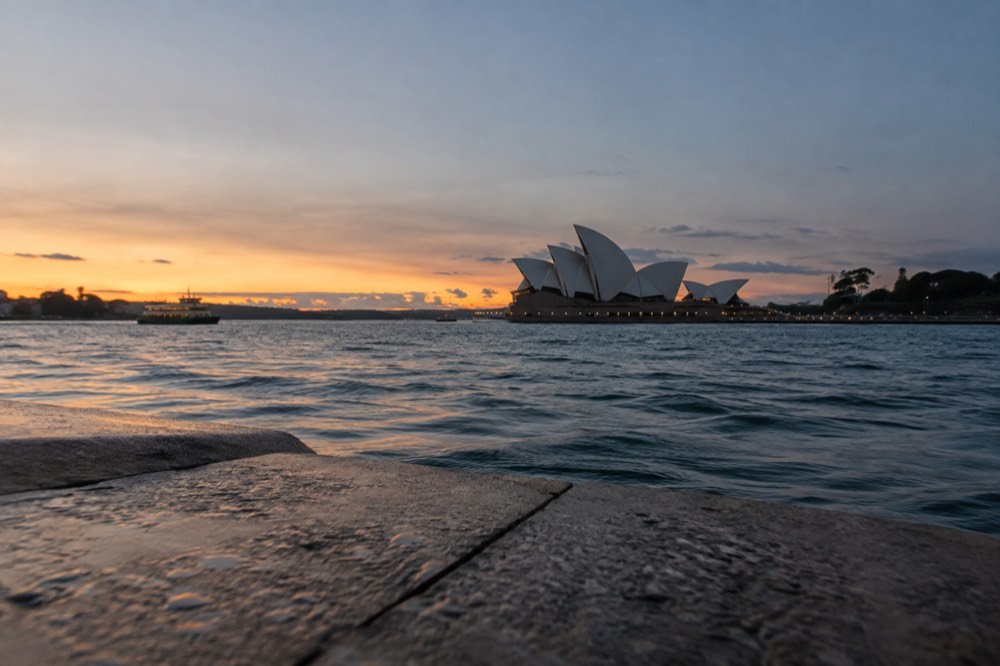 Sydney Opera House sails seen across Circular Quay on a clear morning