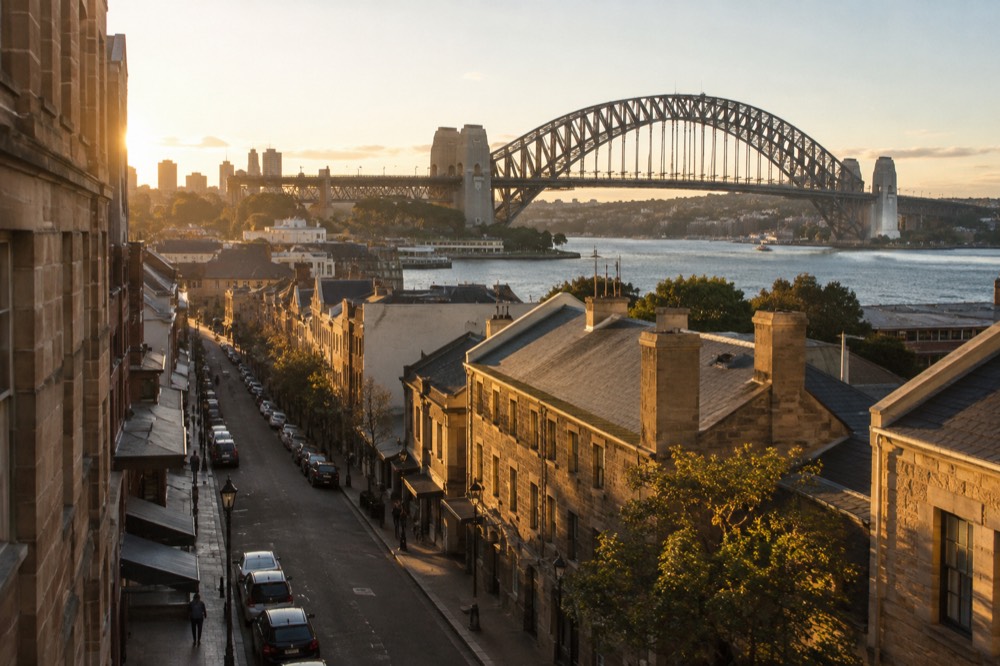 The historic sandstone laneways of The Rocks with the Harbour Bridge overhead