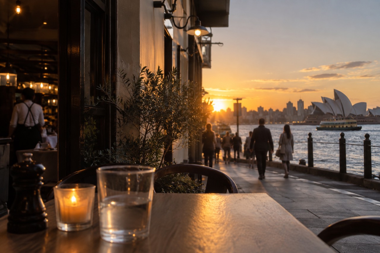A small laneway eatery entrance in a Sydney inner-city neighbourhood at dusk
