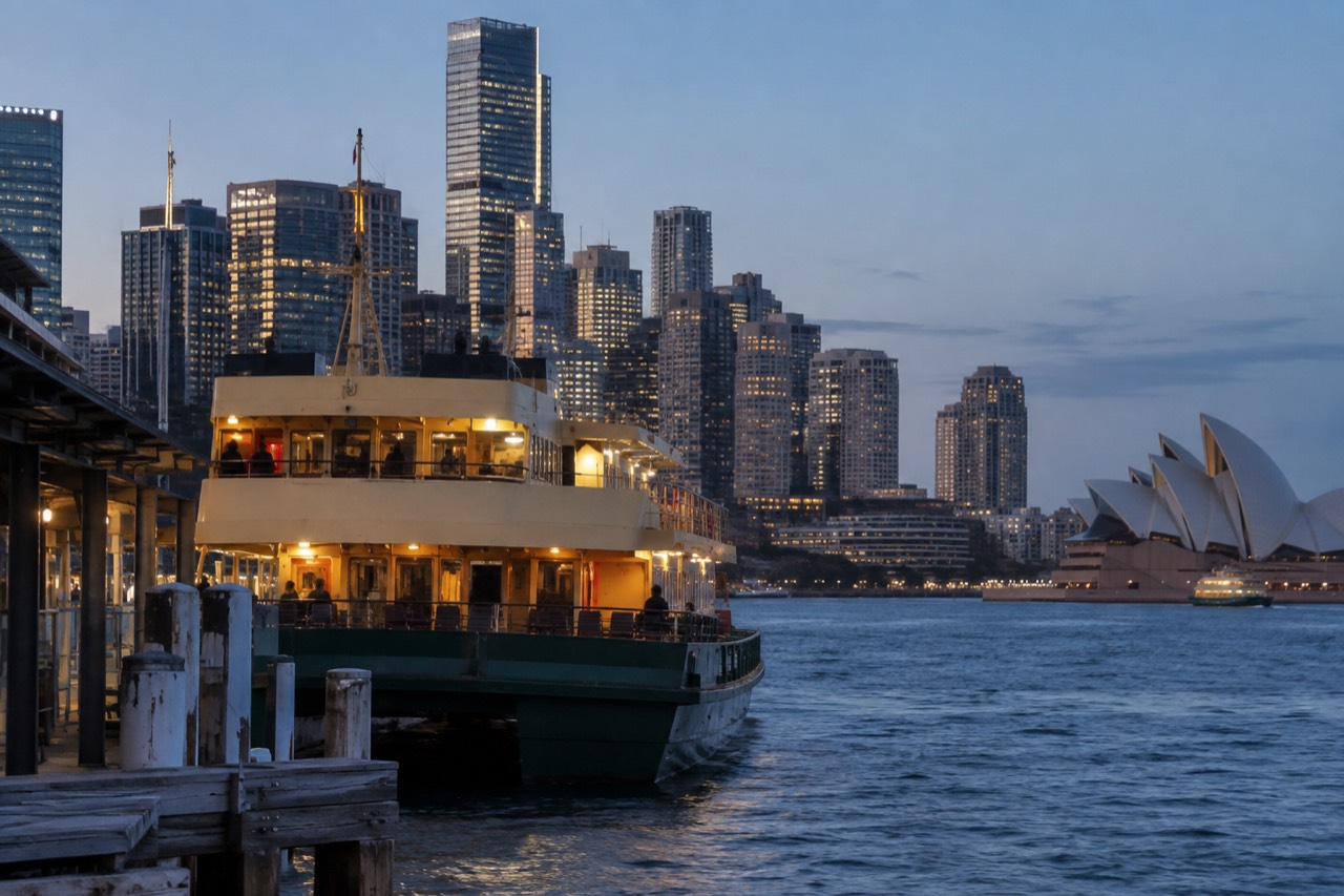 A ferry at a Circular Quay wharf with the city skyline behind it on a clear morning