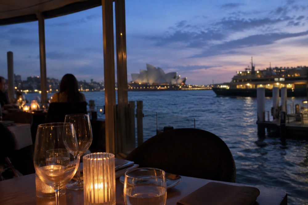 A candlelit dining room with a view of Sydney Harbour at dusk