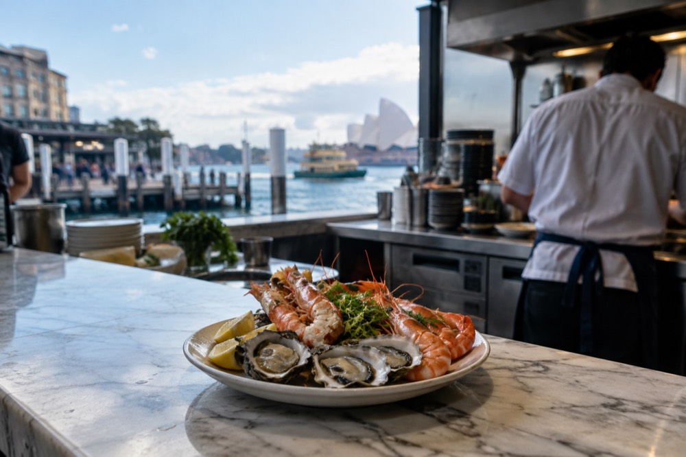 A plate of fresh seafood on a marble counter in a busy restaurant kitchen
