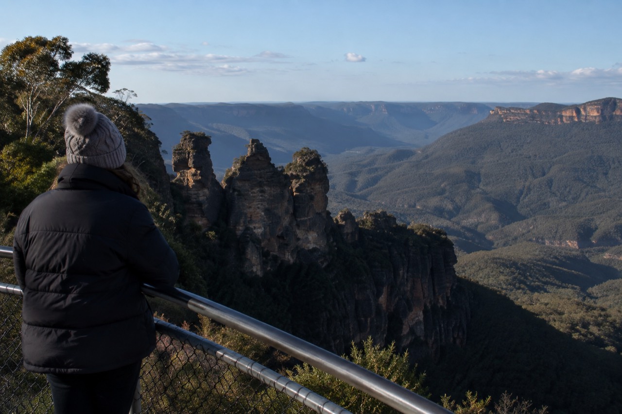 Sandstone cliffs and eucalyptus forest of the Jamison Valley seen from a Blue Mountains lookout