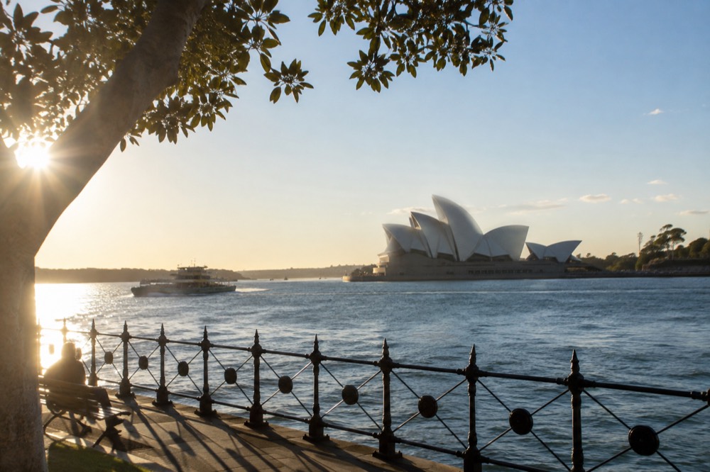 Sydney Opera House sails seen across Circular Quay on a clear morning