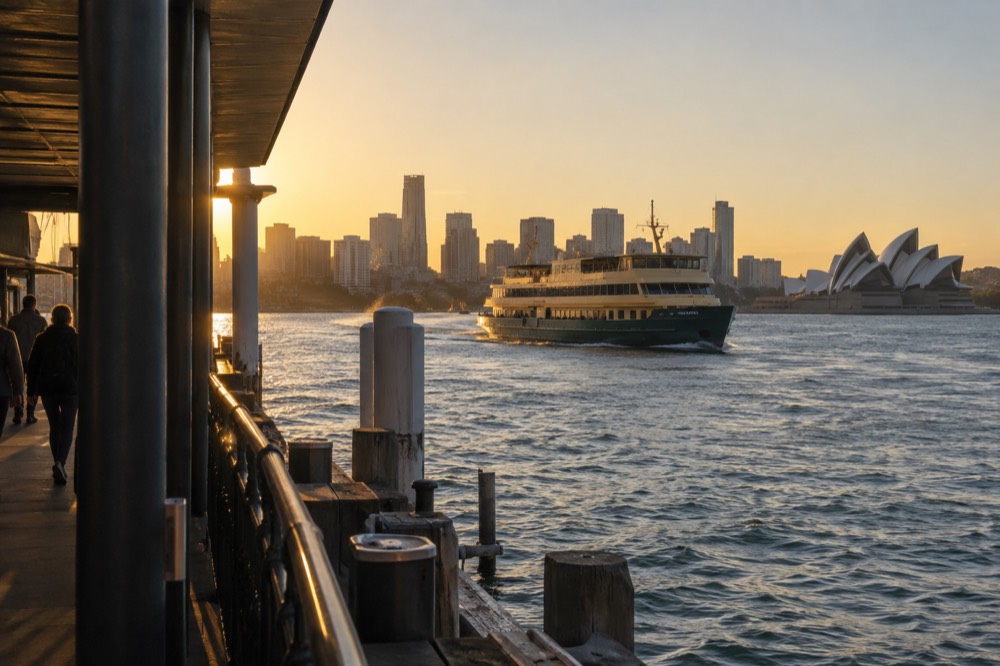 Ferry crossing Sydney Harbour towards the city skyline under a clear sky