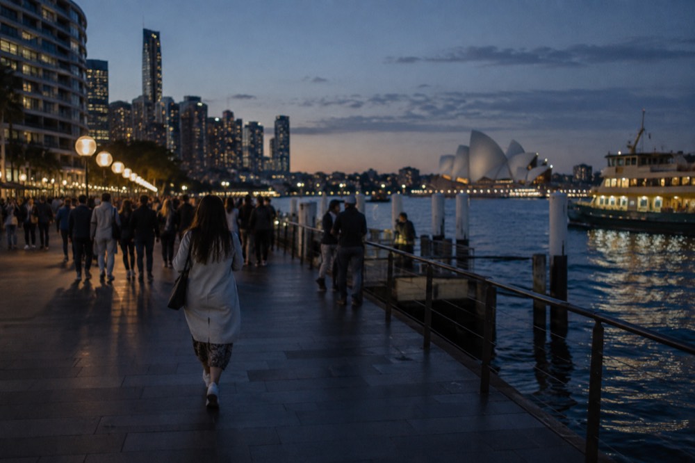 Crowds gathered along the Circular Quay foreshore in the early evening with harbour lights reflected on the water